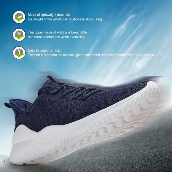 Men's Running Shoes Slip-on Walking Sneaker Lightweight Breathable Trainers Navy - Picture 3 of 7